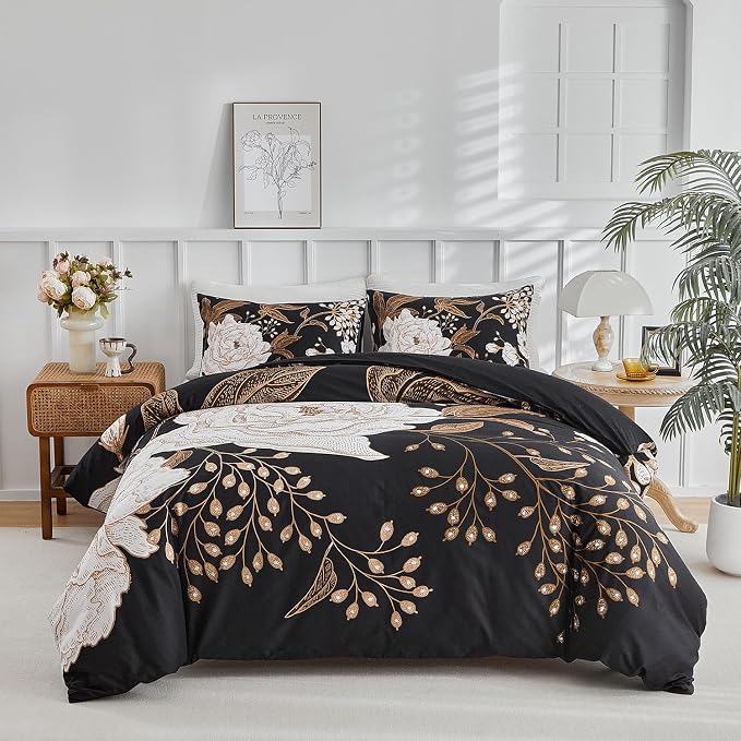 mixinni Floral Duvet Cover Queen Size, 3 Pieces White Flowers and Gold Leaves by mixinni