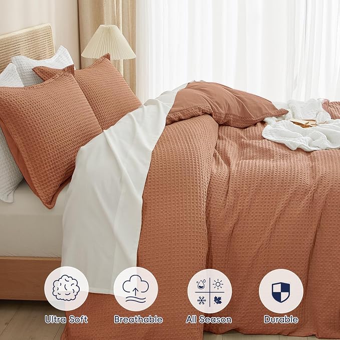 PHF Waffle Weave Duvet Cover Set Queen Size, No Snagging Ultra Soft Luxury - Image 4