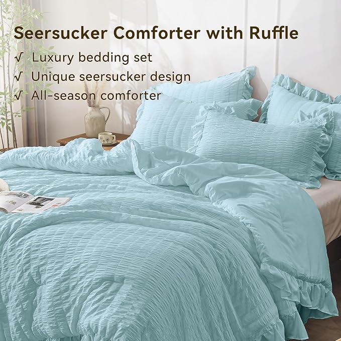 JOLLYVOGUE Blue Twin Size Comforter Set, 2 Pieces Seersucker Lightweight Fluffy - Image 3