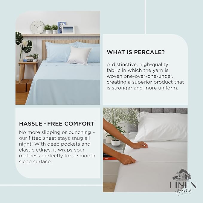 Linen Home 100% Cotton Percale Weave Fitted Sheet, Full Size, 1 Deep Pocket - Image 3