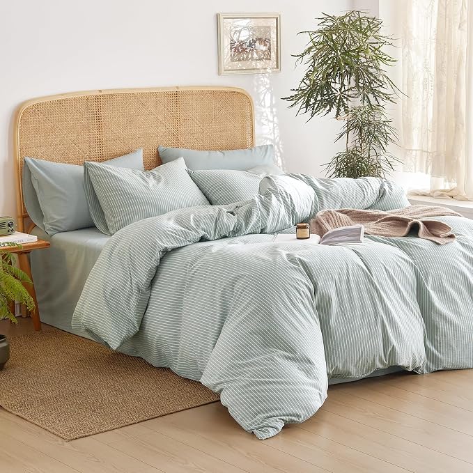 Wake In Cloud - Striped Cotton Duvet Cover Set, 100% Washed Cotton Textured - Image 3