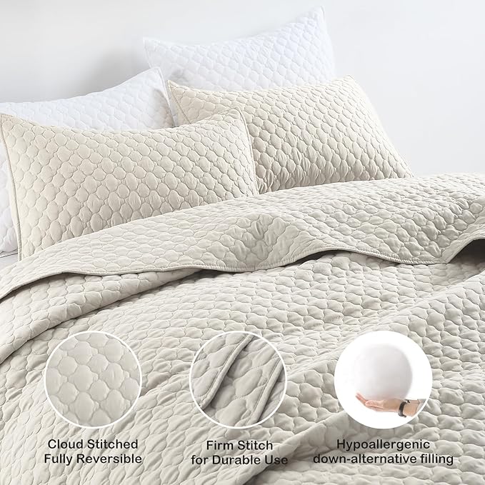 HORIMOTE HOME Quilt Set Twin Size Beige Bedspread, Modern Style Quilted Clouds - Image 3