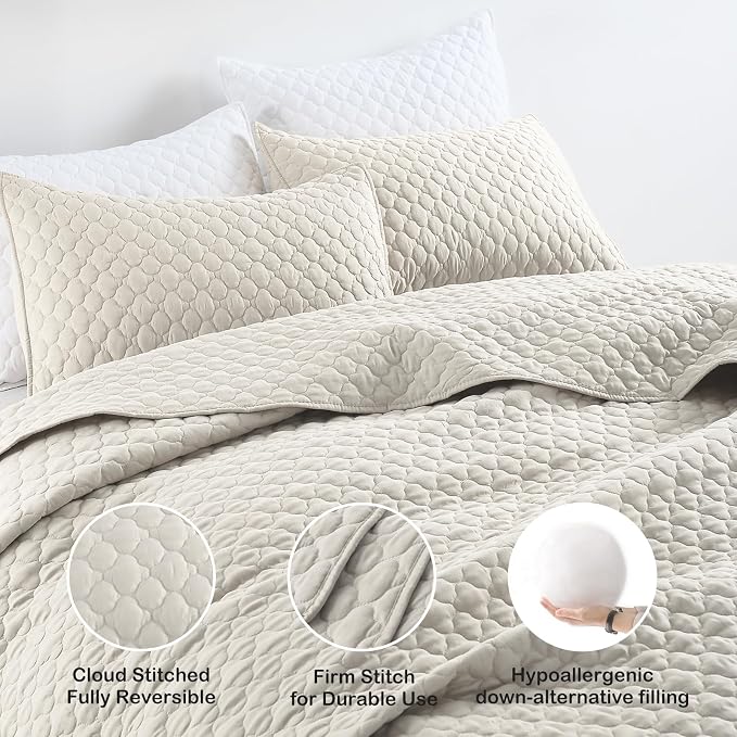 HORIMOTE HOME Quilt Set Queen Size Beige Bedspread, Modern Style Quilted Clouds - Image 4