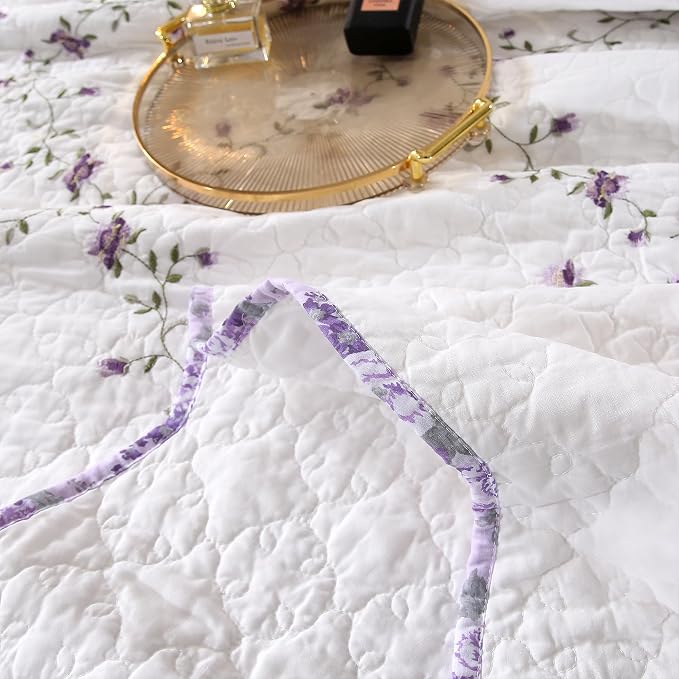 Quilt Set Purple Floral 3D Embroidery Pattern 2 PCS 100% Cotton Reversible - Image 5