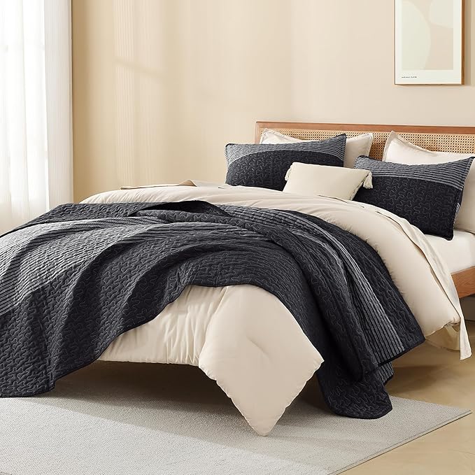 Litanika Oversized King Quilt Set Black and White, 128x120 Stripe Bedspread - Image 4