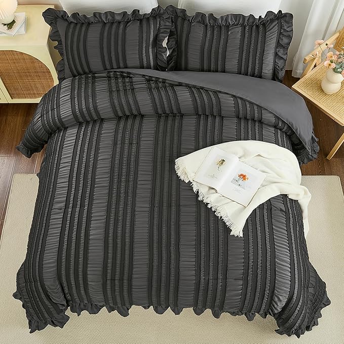 WONGS BEDDING King Size Comforter, Dark Grey Boho Comforter Set King, Shabby - Image 3
