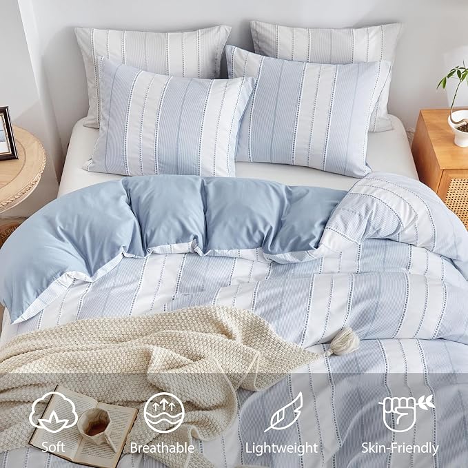 WARMDERN Blue Striped Weave Duvet Cover King Size, Microfiber Textured Bedding - Image 3