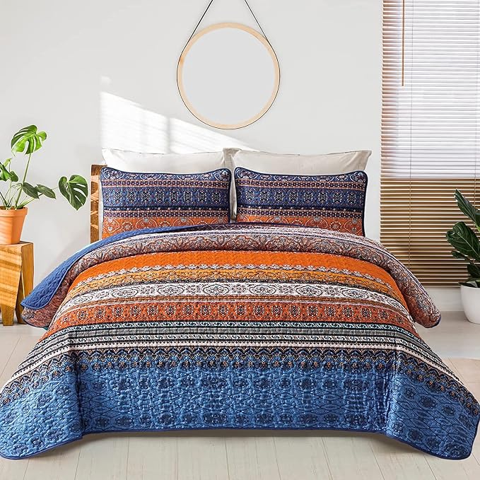 WONGS BEDDING Boho Fall Quilt Full Size, 3 Pieces Orange Blue Bohemian by WONGSBEDDING