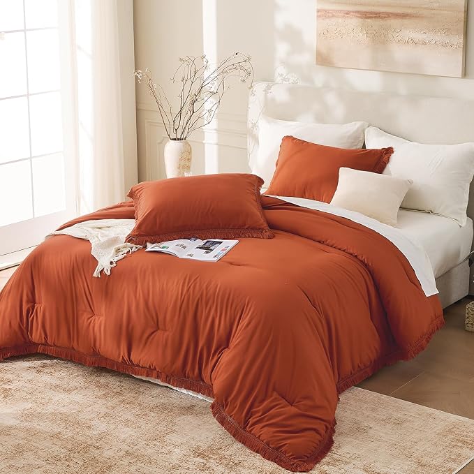 Andency Twin Comforter Set Burnt Orange, 2 Pieces Terracotta Boho Tassel Kids - Image 6