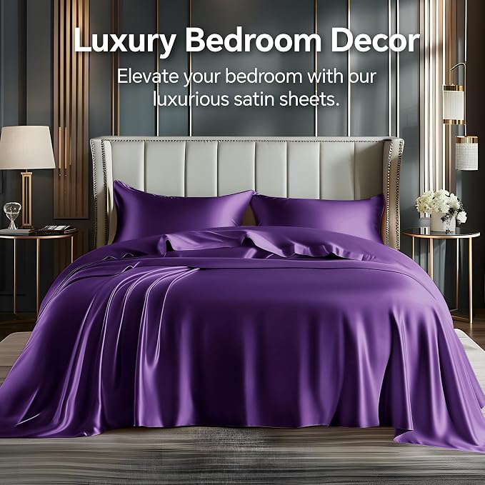 BEDELITE Satin Sheets Twin XL Size Bed Set, Luxury Soft Plum Purple Sheets - Image 2