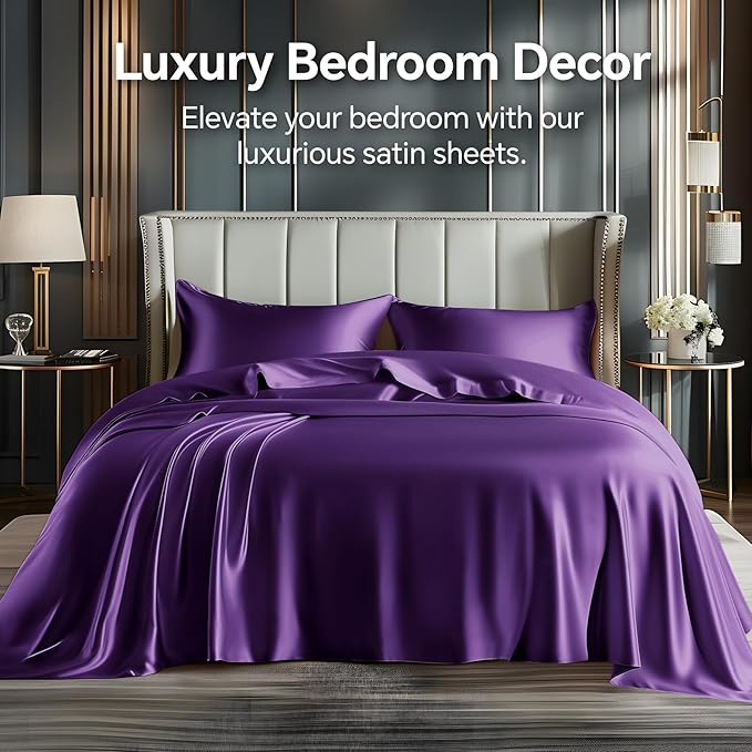 BEDELITE Satin Sheets Queen Size Bed Set, Luxury Soft Plum Purple Sheets - Image 2