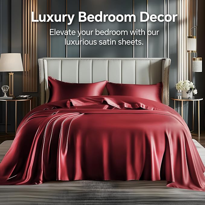 BEDELITE King Size Sheets Set, Luxury Soft Burgundy Satin Sheets - Image 2