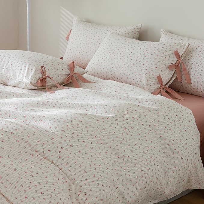 mixinni White Flower Pattern Duvet Cover King Pink Floral Stripes Duvet Cover - Image 4