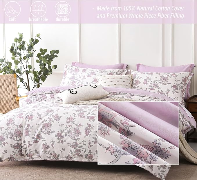 LEMIROE Pink Floral Cotton Comforter King Size 3PC - Image 2