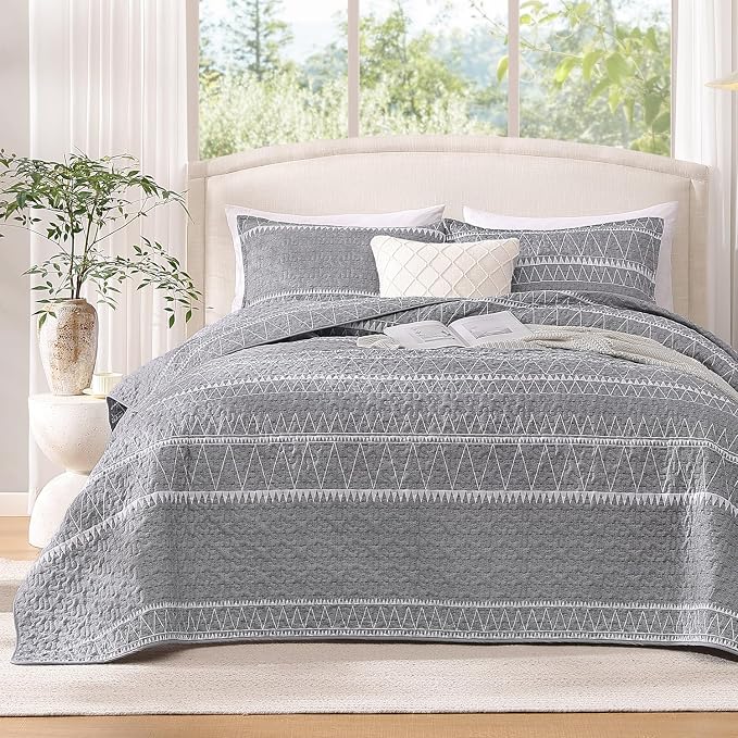 Andency California King Quilt Set Grey, 3 Pieces Boho Lightweight Soft Striped by Andency