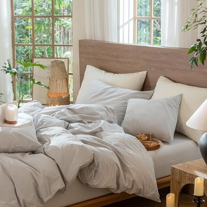 MooMee Wavy Striped Duvet Cover Set 100% Washed Cotton Linen Like Textured - Image 7