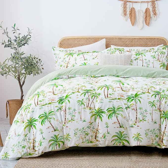 LONAVA Queen Tropical 3 Pcs Duvet Cover Set, Breathable Soft Microfiber Sage by LONAVA