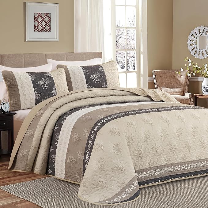 DJY Beige Quilt Set King Size Striped Bedspread Coverlet Set 3 Pieces Boho by HOME