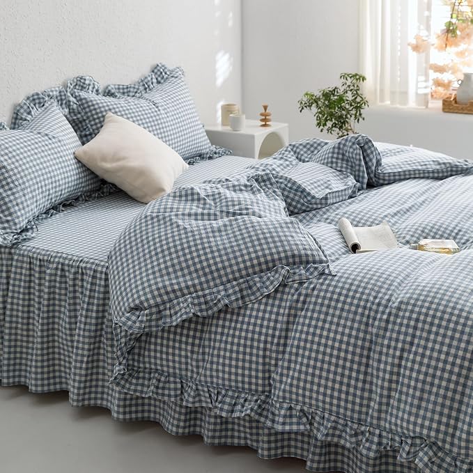 mixinni Blue White Gingham Ruffle Duvet Cover Full Size 3 Pieces – 100% Washed - Image 2