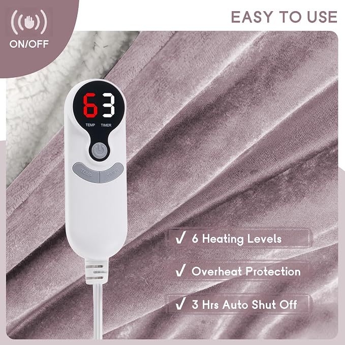 Heated Blanket Electric Blanket Throw Size 50''x60'', 6 Heating Levels 3 Hrs - Image 4