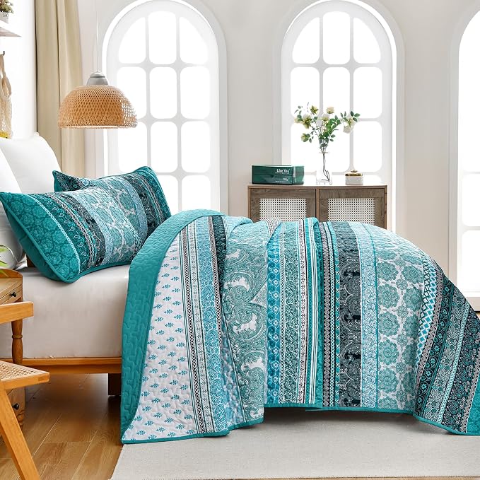 WONGS BEDDING Boho Quilt Set Queen Size, Teal 3 Pieces Bohemian Striped - Image 4