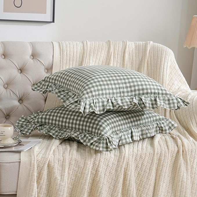 2 Pack Sage Green/White Plaid Ruffle Throw Pillow Covers Farmhouse Checkered - Image 2