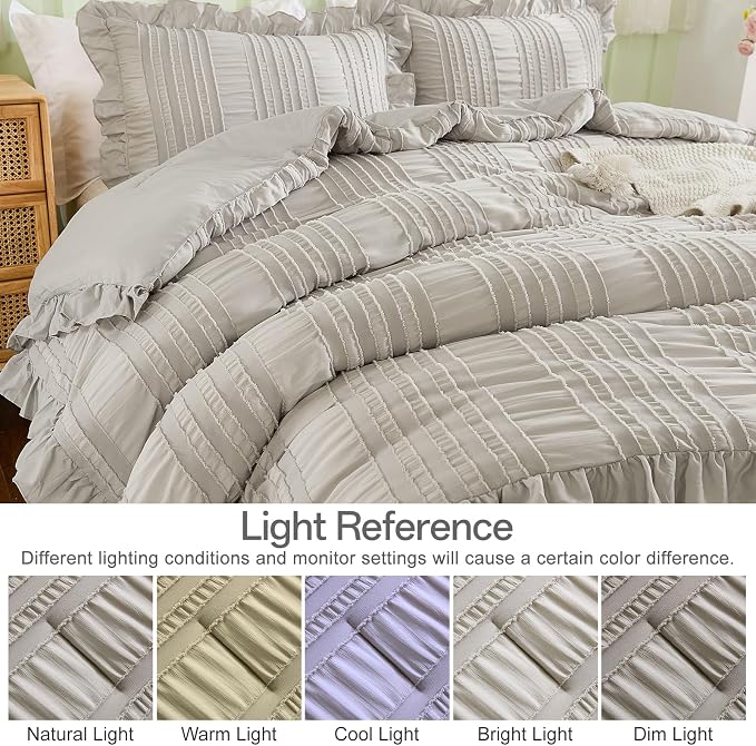 WONGS BEDDING Grey Textured Comforter Set Queen, 3 Pieces Ruffle Farmhouse - Image 6