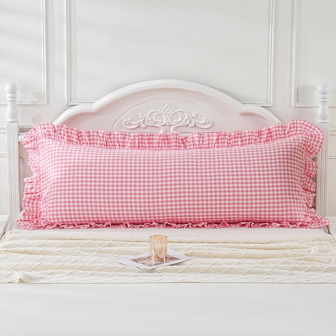 Pink/White Gingham Body Pillow Sham 20x54 inches, 100% Washed Cotton Ruffled - Image 2