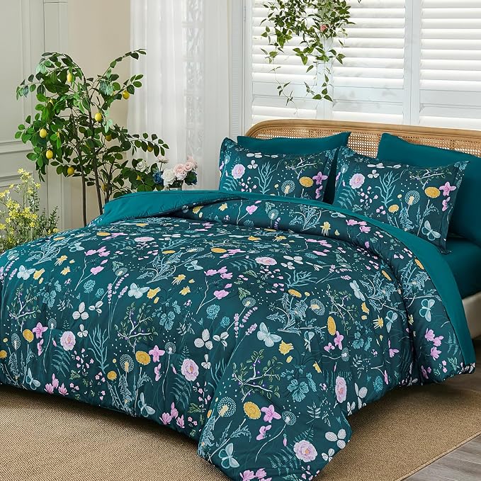 Yiran Teal Blue Comforter Set King Size, 7 Piece Floral Botanical Comforter - Image 2