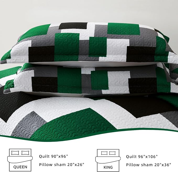 Tyrot 3 Piece Green Quilt Set California King Size Black Grey White Geometric - Image 7