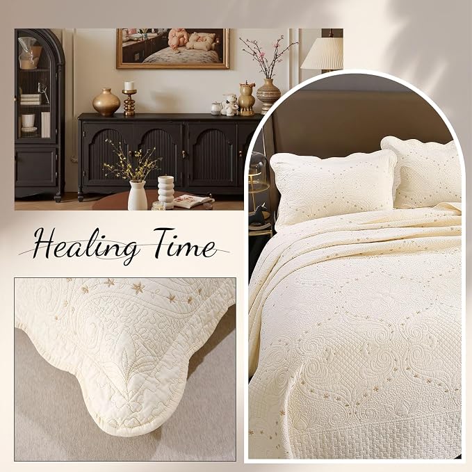 ROOMLIFE Quilt Set King Size 3D Floral Embroidery Pattern 3-Piece Cotton - Image 6