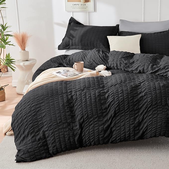 HYMOKEGE Black/Light Grey Twin Comforter Set Seersucker 5 Pieces, All Season - Image 2