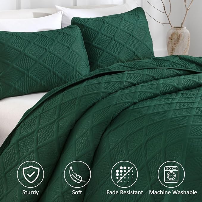 Yiran California King Quilt Set, Emerald Green Oversized Bedspread Bedding Set - Image 3