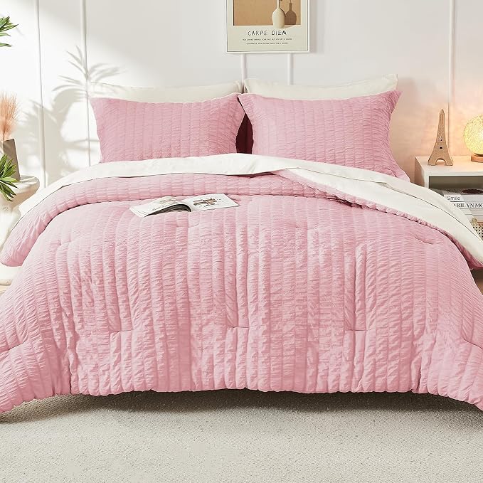 HYMOKEGE Pink/Ivory King Size Comforter Set Seersucker 7 Pieces, All Season - Image 9