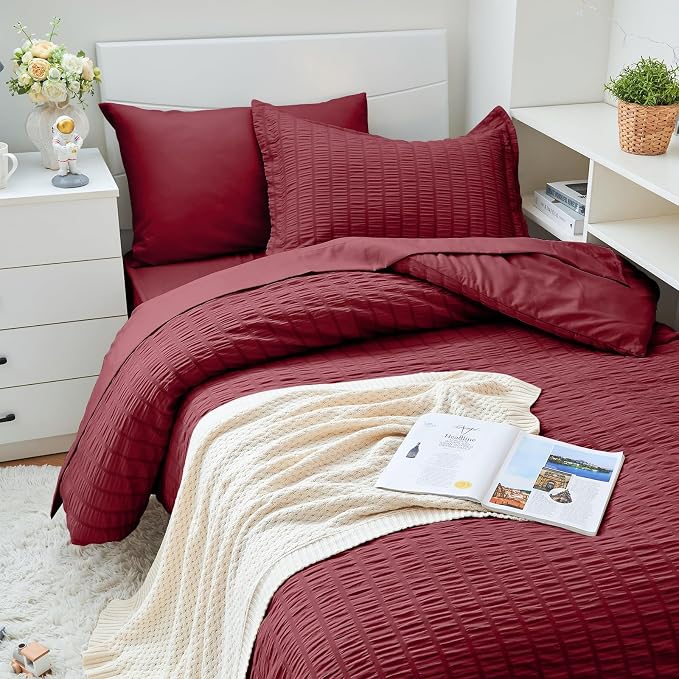 HYMOKEGE Burgundy Twin XL Comforter Set Seersucker 5 Pieces, All Season Luxury - Image 2