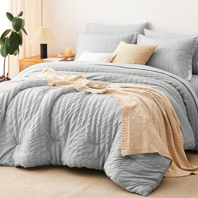 CozyLux Oversized Queen Comforter Set Light Grey Seersucker 7 Pieces 98x98 Bed by CozyLux