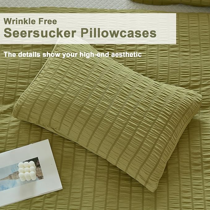 AveLom Olive Green Seersucker Duvet Cover Set King Size, 3 Pieces, Ultra Soft - Image 6