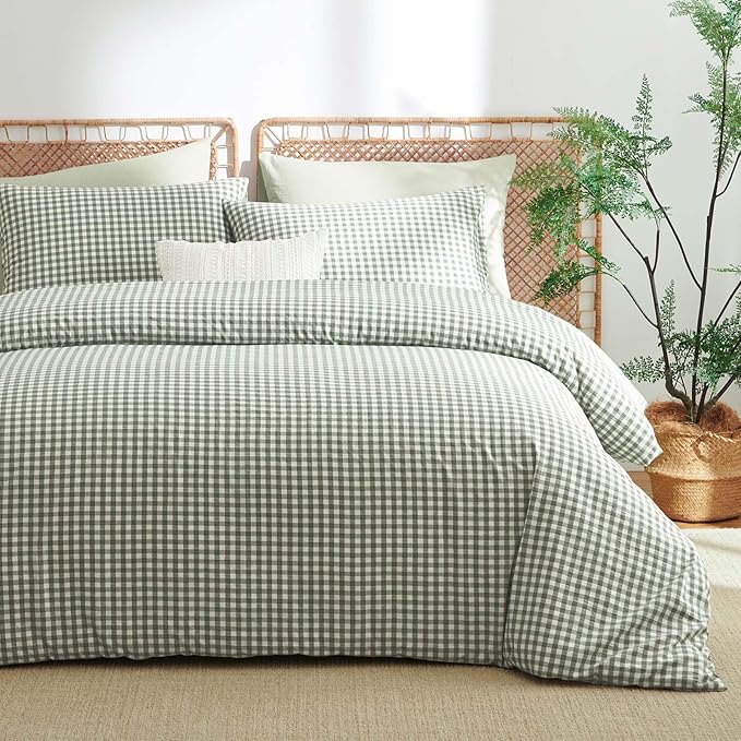 Nayoroom Gingham Duvet Cover Queen Size 100% Washed Cotton Green Plaid - Image 4