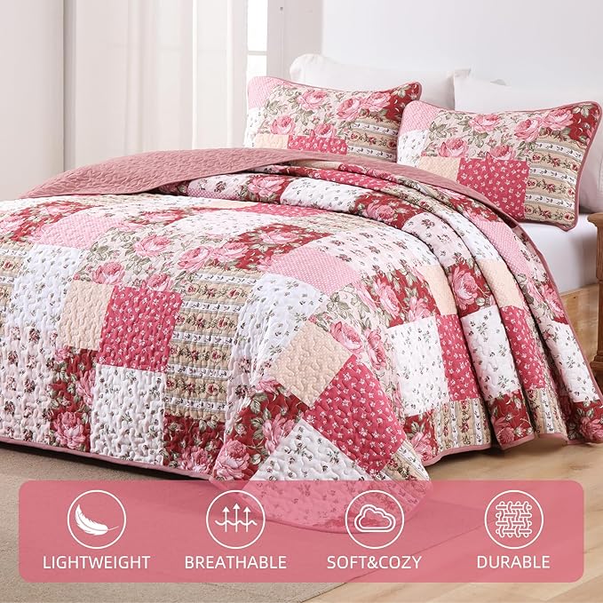 Anibedding 3Pieces Patchwork Quilts Queen Size, Bohemian Red Flower Plaid - Image 2