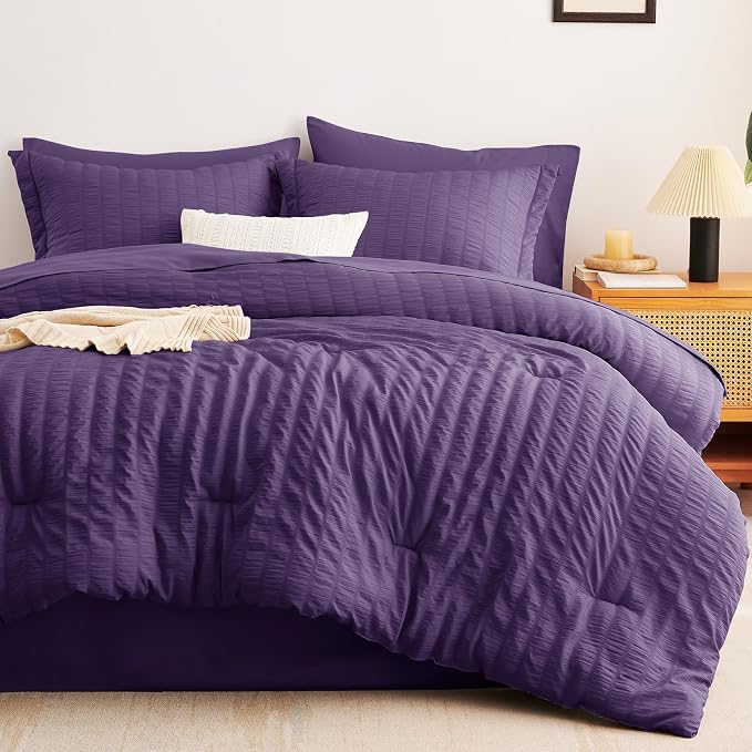 CozyLux King Size Comforter Set Purple Seersucker 7 Pieces Bed in a Bag King - Image 9