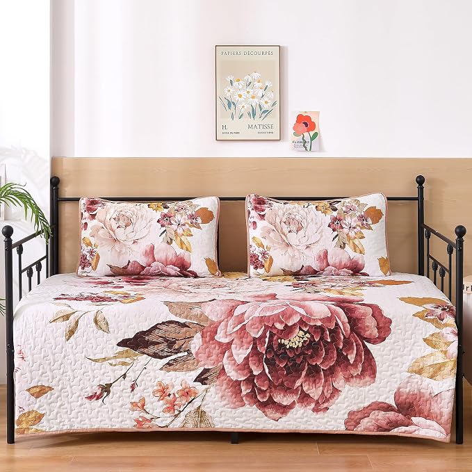 WONGS BEDDING Floral Quilt Set King, 3 Pieces Elegant Blush Flower Bedspread - Image 7