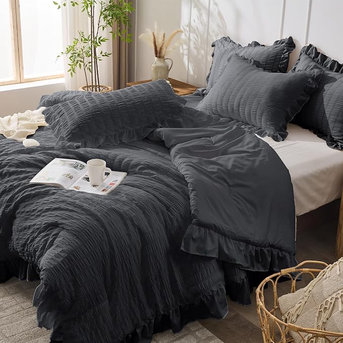 JOLLYVOGUE Dark Gray Queen Comforter Set, 3 Pieces Seersucker Bedding Comforter - Image 8