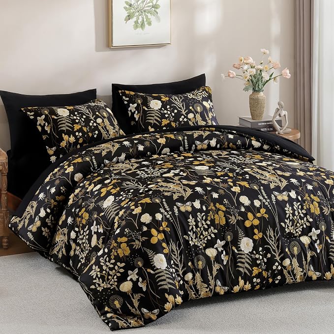 Yiran King Size Comforter Set, 7 Pieces Black Floral Soft Bedding Sets - Image 2