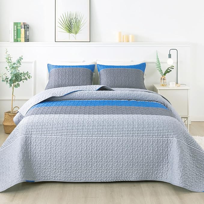 Andency Stripe Quilt Set Twin, 2 Pieces Blue and Grey Patchwork Bedspread by Andency