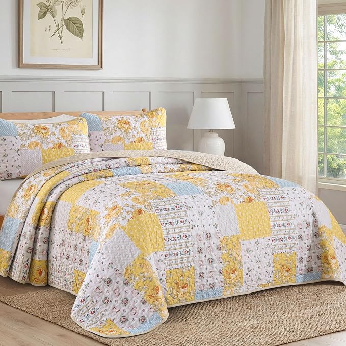 Anibedding Yellow Patchwork Quilt Set King Size Boho Floral Plaid Bedspread - Image 2