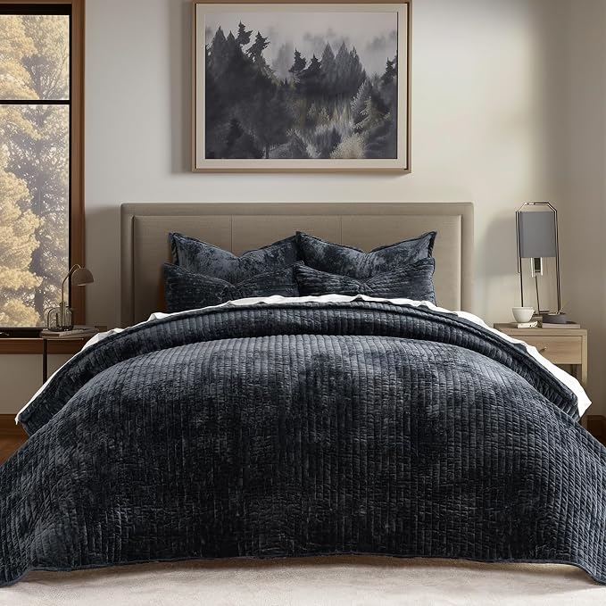 EVERGRACE Velvet Quilt Set Queen Size, Luxurious Soft Striped Channel Bedding by EverGrace