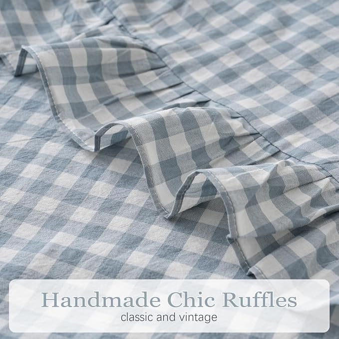 Blue White Plaid Ruffled Body Pillow Sham Washed Cotton Shabby Checkered - Image 7