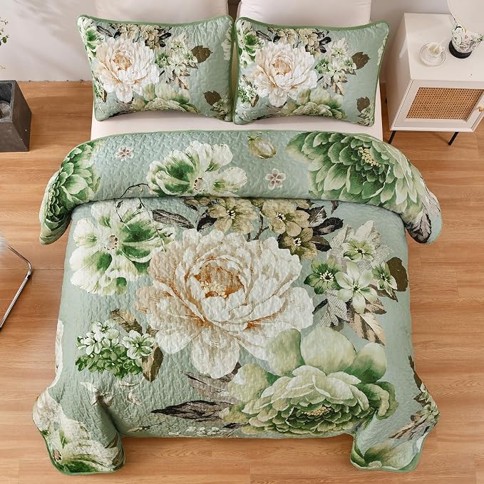WONGS BEDDING Sage Green Floral Quilt Set King, 3 Pieces Elegant Flower - Image 2