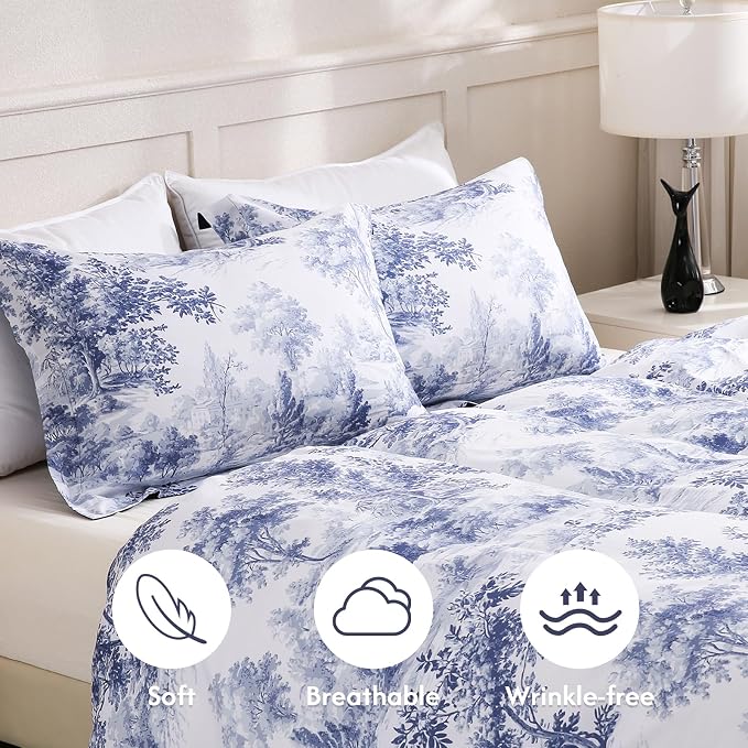 LONAVA Queen Botaincal 3 Pcs Duvet Cover Set, Breathable Soft Microfiber Navy - Image 3