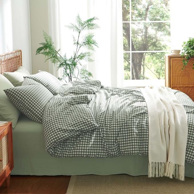 Nayoroom Gingham Duvet Cover Full Size 100% Washed Cotton Green Plaid Checkered - Image 5